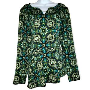 NWT Limited green teal & black tiled Mykonos blouse top Womens Large